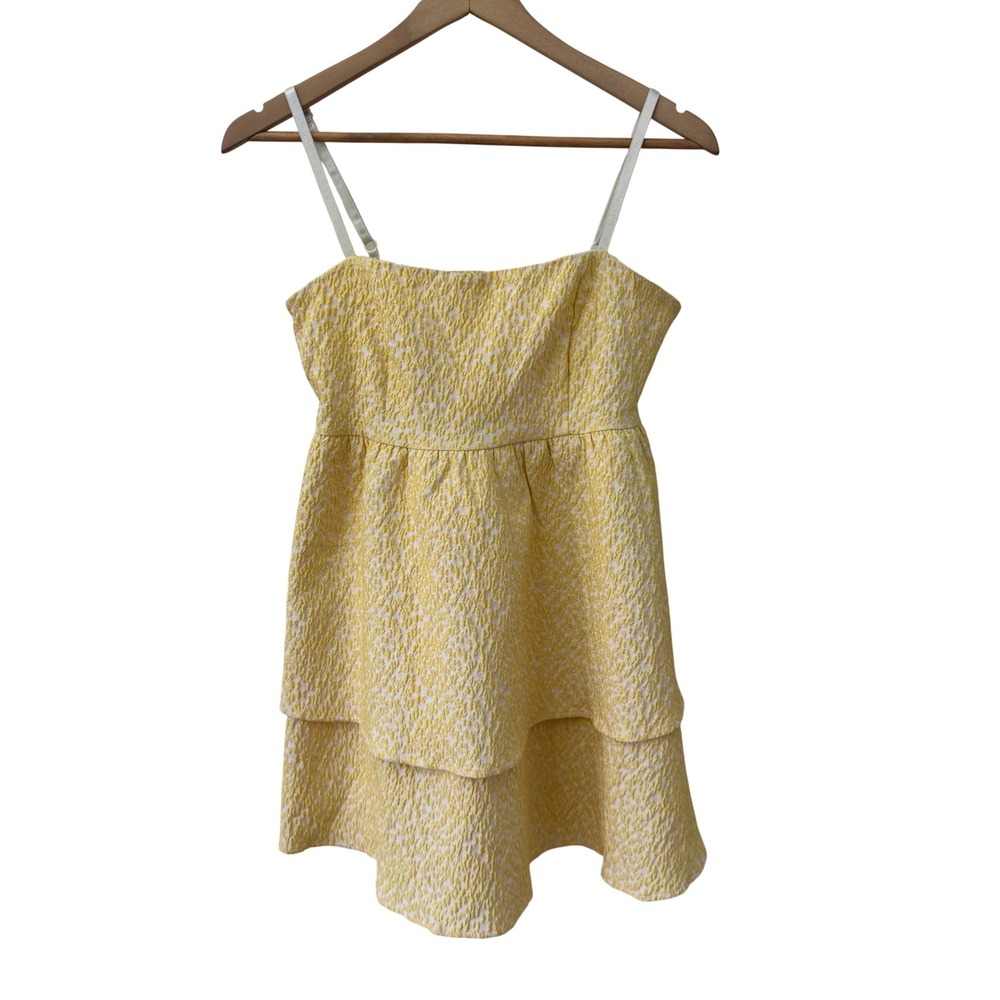 Klesis Mini Dress Size Large Yellow Floral Jacquard‎ Tiered Smocked Back Rush